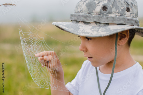 Cuadros en Lienzo A little boy on the field is looking closely at a spider's web at sunrise in the fog