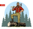 Lumberjack with axe and downed log, forest background. Vector illustration