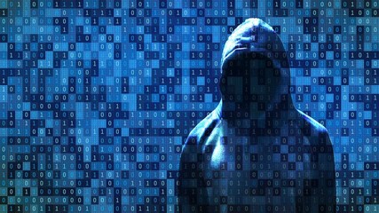 Fototapete - Hacker standing in front of 01 or binary numbers on the computer screen on monitor background matrix, Digital data code in safety security technology concept. Anonymous