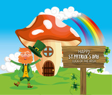 St Patrick Man With Fungus House And Rainbow