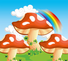 Fungus With Clovers Plants And Rainbow In The Clouds