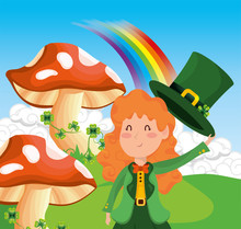 St Patrick Woman With Fungus And Clovers With Rainbow