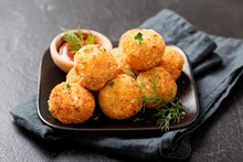 Potato Croquettes - Mashed Potatoes Balls Breaded And Deep Fried, Served With Different Sauce.