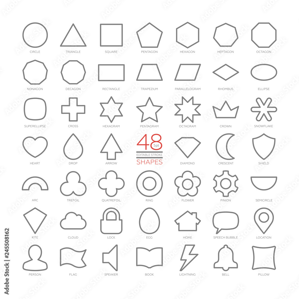 Editable stroke outline vector set basic education shapes. Thin ...