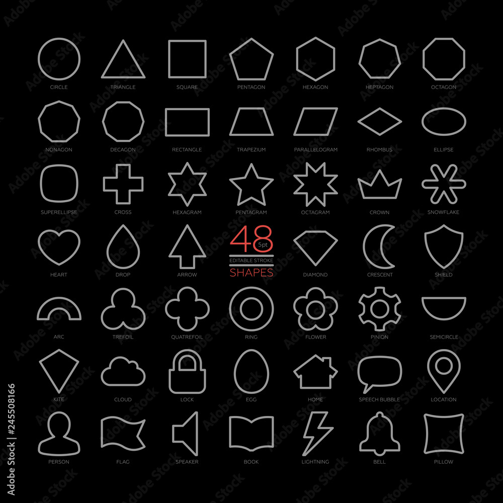 Editable stroke outline vector set basic design shapes. Thin geometric ...