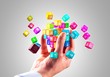 Media technology and internet networking web communication concept- Colorful icon cubes holding by hand.