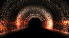 Round Underground Tunnel, Cave, Mine. Illumination By Neon Light. Neon Light, Smoke, Smog, Night View. 3D Rendering.