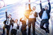 © khwanchai - successful celebration team, group of business people jumping up to celebrate and success