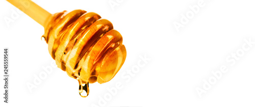 Honey dripping from honey dipper isolated on white background Tableau sur Toile