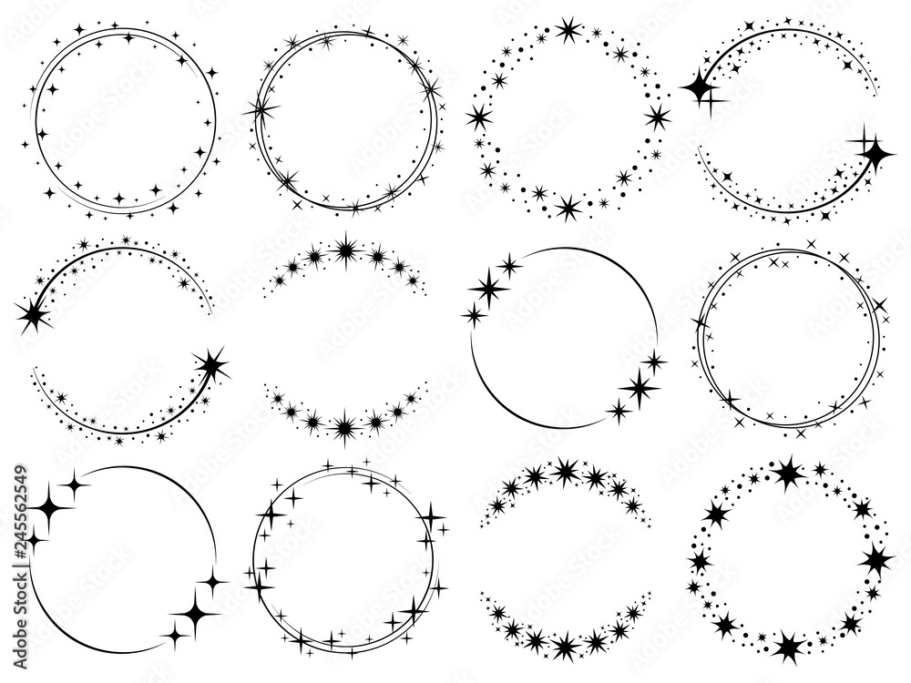 Stardust frames. Shiny star circle frame, starry glitter stamp and round magic twinkle stars trace isolated vector set - obrazy, fototapety, plakaty 