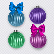 Colorful Christmas Balls With Realistic Bow On Transparent Background, Vector Christmas Decorations