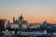 View of the Almudena Cathedral at sunset, from the Templo de Debod, in Madrid, Spain