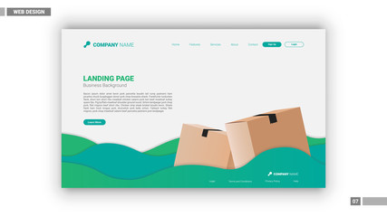 Web design mockup with blue and green shipping box background