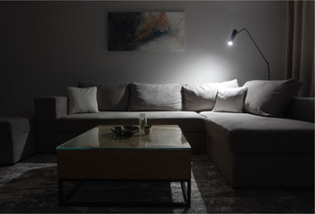 Grey corner couch with three pillows standing in bright living room interior with painting and carpet.Dramatic Lightning