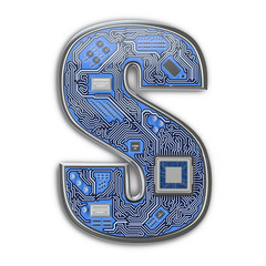 Poster - Letter S.  Alphabet in circuit board style. Digital hi-tech letter isolated on white.