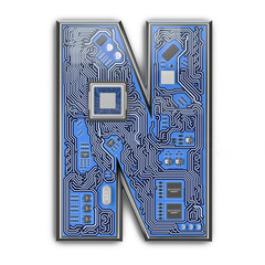 Poster - Letter N.  Alphabet in circuit board style. Digital hi-tech letter isolated on white.