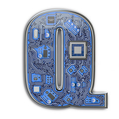 Poster - Letter Q.  Alphabet in circuit board style. Digital hi-tech letter isolated on white.