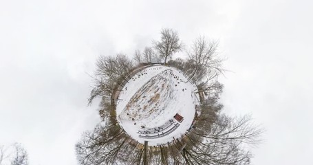 Wall Mural - little planet transformation with curvature of space. full flyby panorama with rise up into the sky 
