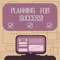 Poster - Text sign showing Planning For Success. Conceptual photo process of setting goals and key actions to achieve Mounted Computer Screen with Line Graph on Desk Blank Color Text Box
