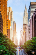 42nd Street, Manhattan Viewed From Tudor City Overpass With Chrysler Building In Background In New York City During Sunny Summer Daytime At Sunset