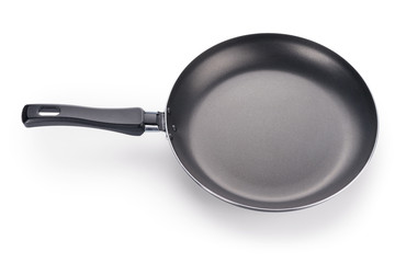 Black frying pan isolated on white with clipping path