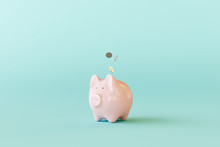 Pink Piggy Bank With Coins On Pastel Blue Background. 3d Rendering