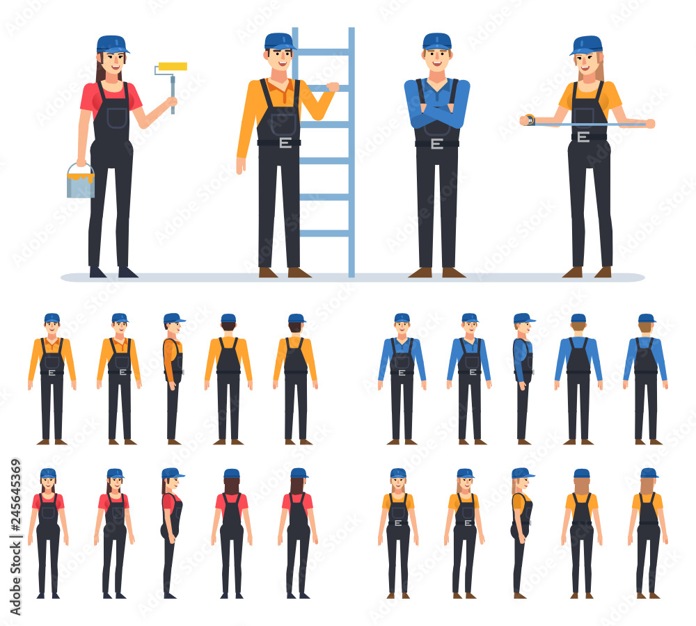 Various male and female construction workers in dark overalls creation ...