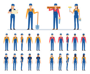 Wall Mural - Various male and female construction workers in blue overalls creation kit. Create your own pose, action, animation. Flat design vector illustration