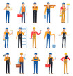 © paper_owl - Set of male and female construction workers. Construction worker reading plan, holding ladder, hammer, wrench and showing other actions. Flat design vector illustration