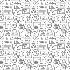 Discounts and sales seamless pattern with thin line icons