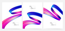 Vector Illustration: Set Of Three Blank Poster With 3d Twisted Colorful Flow Liquid Shape. Acrylic Paint Design
