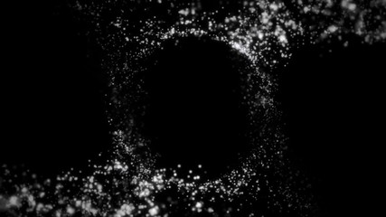 Poster - Abstract flying, monochrome small dots creating ring on black background. Beautiful, small shining particles formed in circle floating in the dark, black and white.