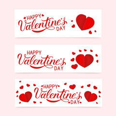 Wall Mural - Happy Valentine’s day banners set with calligraphy hand lettering and 3d origami paper cut hearts. Valentines day greeting card layout. Vector illustration. Easy to edit design template.