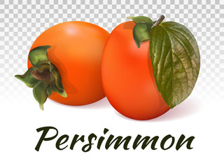 Two persimmons on a transparent background with the inscription. With a green leaf. Juicy, orange fruit. On a transparent background, isolated. Vector illustration.