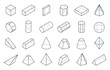 3D geometric shapes. Isometric linear forms, cube cone cylinder pyramid low polygon objects. Vector minimal isometric set