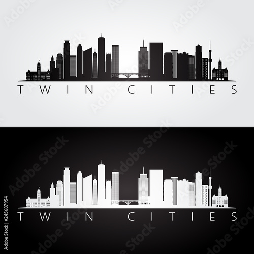 Fotomural Twin cities USA skyline and landmarks silhouette, black and white design, vector illustration