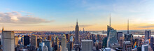 New York City Skyline From Roof Top With Urban Skyscrapers At Sunset. New York, USA. Panorama Image.