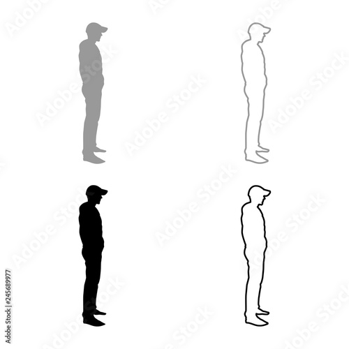 Man Standing In Cap View With Side Icon Set Grey Black Color Illustration Outline Flat Style Simple Image Stock Vector Adobe Stock