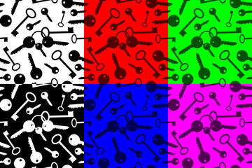Wall Mural - Key seamless pattern, Silhouette key (black, white, red, blue, green, purple) background set,
