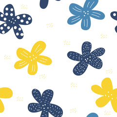 Seamless pattern with hand drawn flowers. Cute kids textile print. Vector hand drawn illustration.