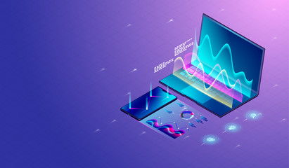 Fototapete - Business marketing research on laptop and smartphone screen graphs and diagrams, processing chart, financial statistics analysis. Vector