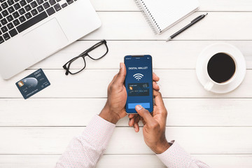 Poster - Man using smartphone with digital wallet application