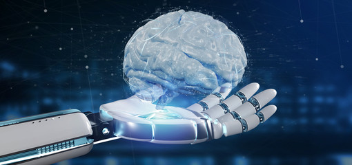 Cyborg hand holding a  artificial brain 3d rendering