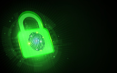 Poster - Cyber security and network protection. Padlock with fingerprint