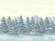 Horizontal Illustration Of Winter Forest With Mountains.