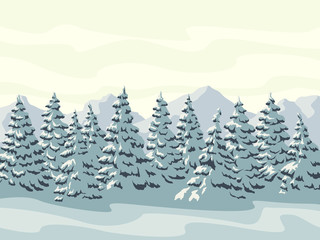 Horizontal illustration of winter forest with mountains.