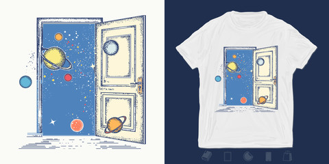 Wall Mural - Open door in universe. Print for t-shirts and another, trendy apparel design. Symbol of imagination, creative idea, motivation, new life