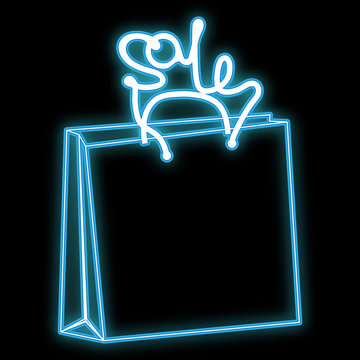 Beautiful abstract neon blue bright glowing icon, a sign from a paper shopping bag and the inscription Sale made and copy space on a black background. Vector