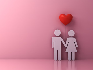 Aufkleber - Love couple holding hand with red heart balloon on light pink pastel color background with shadow and reflections Love couple concept for valentine's day 3D rendering