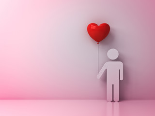 Aufkleber - One man holding red heart shape balloon isolated on light pink pastel color wall background Find Love concept for valentine's day 3D rendering